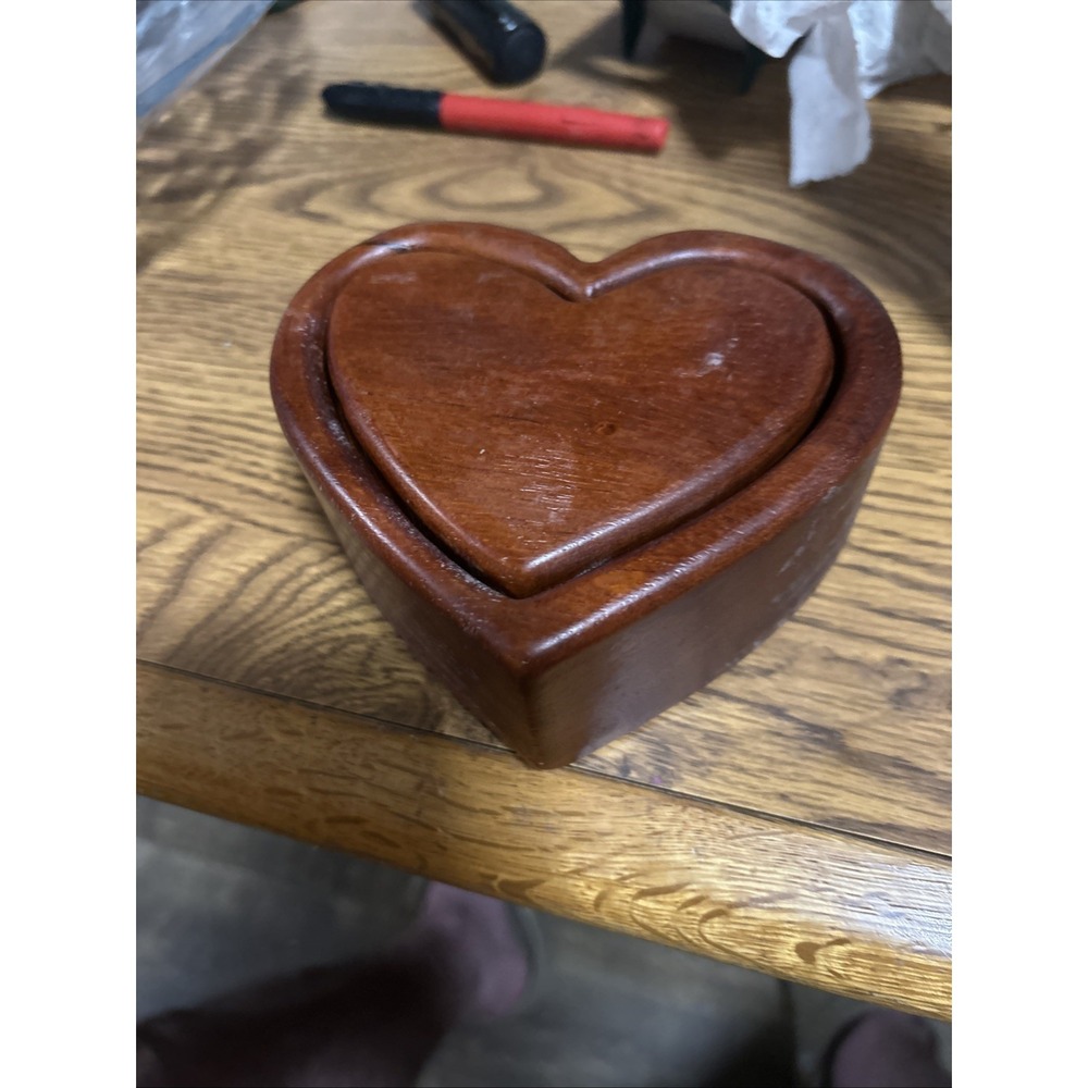 Vintage Handcrafted Wooden Heart Puzzle Box Secret Keepsake Jewelry Case